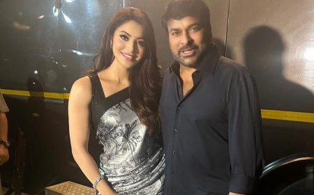 Chiranjeevi happily flirts with Urvashi Rautela at the Press meet of Waltair Veerayya in the mega 350cr film starring Ravi Teja