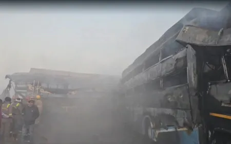 यमुना एक्सप्रेसवे हादसा: 8 बसें और 3 कारें टकराईं, भाजपा नेता सहित 13 की मौत; DNA से होगी पहचान